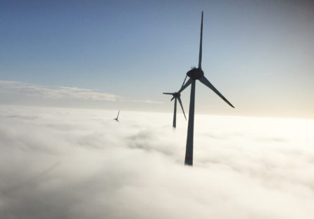 Wind turbines in clouds